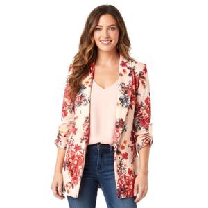 Boom Boom Floral Blazer Pink Red Navy Ruched 3/4 Sleeve Open Front Size Small